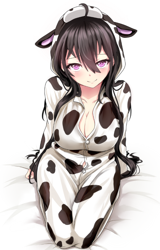 1girl ahoge animal_costume antenna_hair arm_support bed bed_sheet beifeng_han black_hair breasts collarbone cow_costume cow_horns cow_print from_behind horns large_breasts long_hair looking_at_viewer miyaura_sanshio original pajamas seiza sitting sleeves_past_wrists smile solo violet_eyes