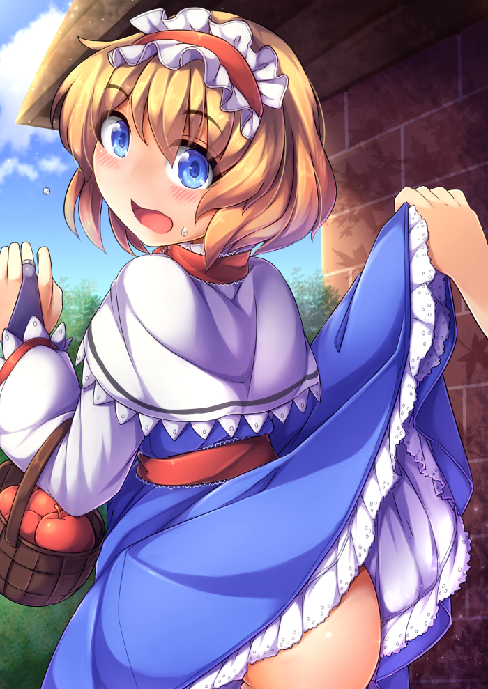 1girl alice_margatroid apple ass basket blonde_hair blue_dress blue_eyes blue_sky blush bridal_gauntlets building capelet dress dress_lift food fruit fun_bo hairband lolita_hairband looking_at_viewer looking_back open_mouth out_of_frame revision sash short_hair sky solo_focus touhou