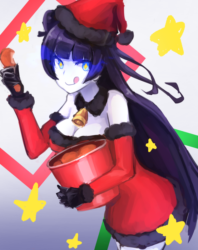 +_+ 1girl :p bare_shoulders bell bell_collar black_hair blue_eyes breasts chicken_(food) christmas collar commentary_request detached_collar detached_sleeves double_bun dress food fur gloves glowing glowing_eyes hat holding_bucket holding_food kantai_collection light_cruiser_oni long_hair looking_at_viewer pale_skin red_dress santa_hat shinkaisei-kan simple_background smile solo sparkling_eyes star tongue tongue_out weasel_(close-to-the-edge) white_skin