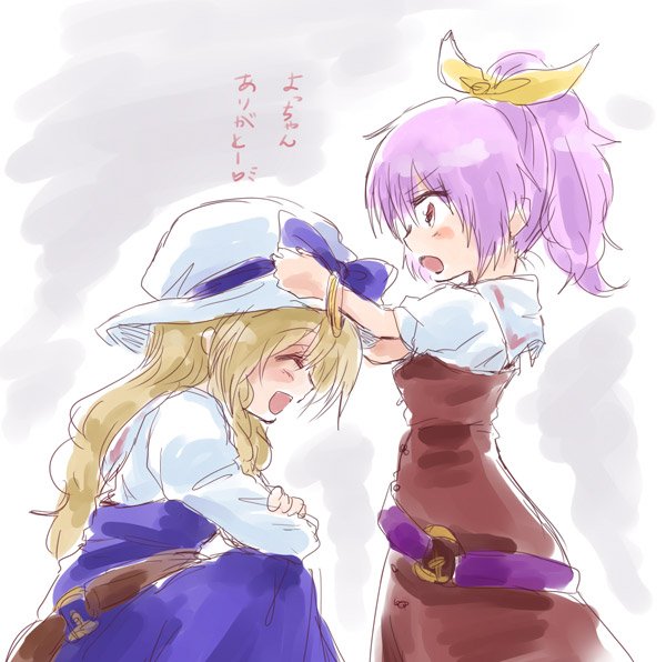 2girls ^_^ ^o^ adjusting_another's_clothes blonde_hair blush_stickers bow bracelet closed_eyes cowboy_shot dress hair_ribbon hat hat_bow jewelry long_hair multiple_girls open_mouth ponytail profile purple_hair ribbon short_hair siblings sisters sketch smile touhou translated unya violet_eyes watatsuki_no_toyohime watatsuki_no_yorihime younger