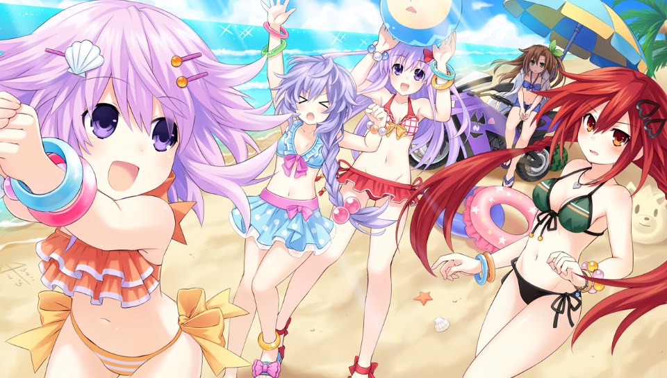 &gt;_&lt; ball beach beachball bikini blush bow brown_hair closed_eyes clouds game_cg green_eyes hair_bow hair_ornament if_(choujigen_game_neptune) long_hair multiple_girls navel nepgear neptune_(choujigen_game_neptune) neptune_(series) ocean purple_hair pururut redhead ribbon sky smile swimsuit tennouboushi_uzume_(choujigen_game_neptune) tsunako twintails water