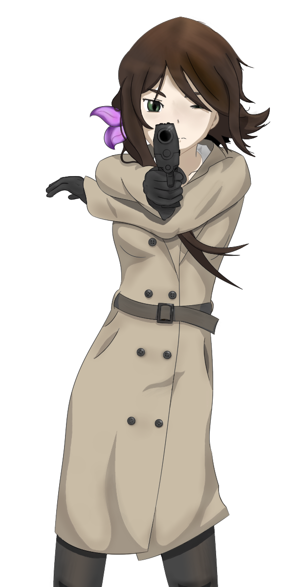 1girl aiming aiming_at_viewer belt brown_hair coat cowboy_shot endlessgr8 flower gloves green_eyes gun hair_flower hair_ornament high_resolution looking_at_viewer murasaki_asia one_eye_closed original panythose pistol prosthesis prosthetic_hand standing trenchcoat walther weapon white_background wind