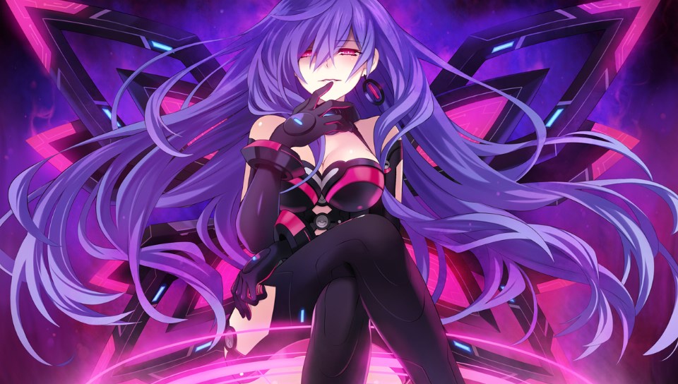 1girl blue_hair breasts cleavage elbow_gloves game_cg gloves glowing iris_heart long_hair looking_at_viewer navel neptune_(series) purple_hair pururut red_eyes solo symbol-shaped_pupils tsunako