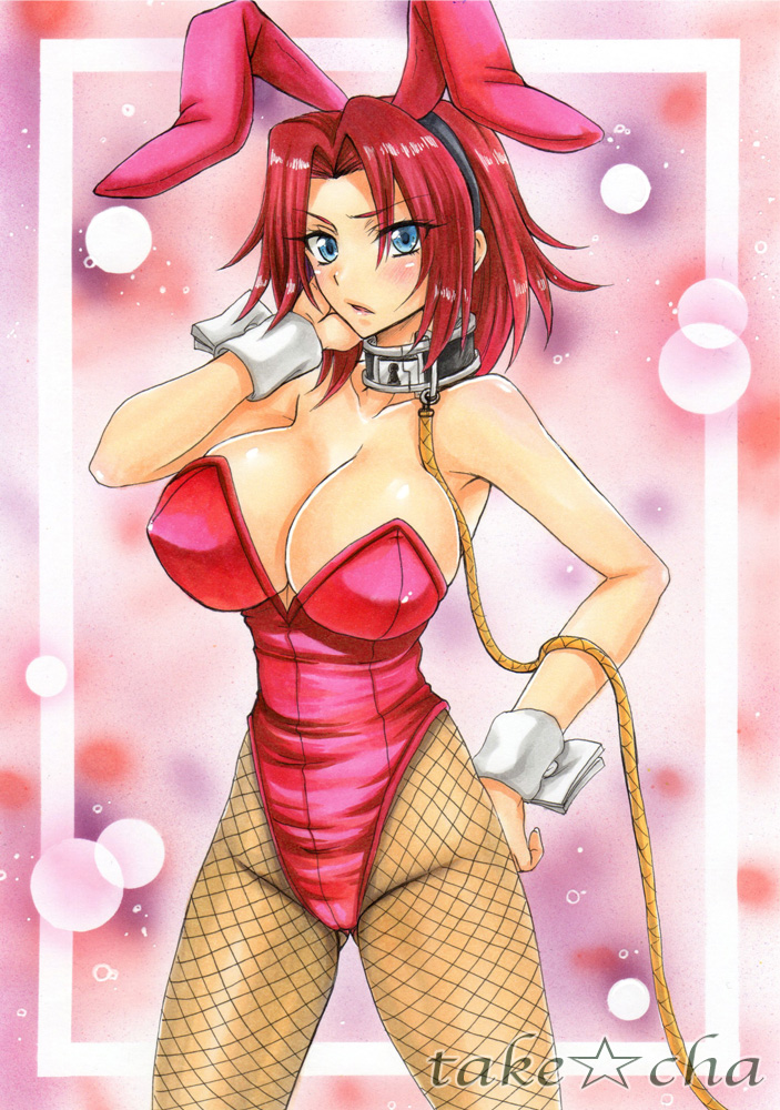 1girl animal_ears blue_eyes blush breasts bunnysuit code_geass fishnet_pantyhose fishnets kallen_stadtfeld large_breasts looking_at_viewer open_mouth pantyhose rabbit_ears redhead short_hair solo takecha wrist_cuffs