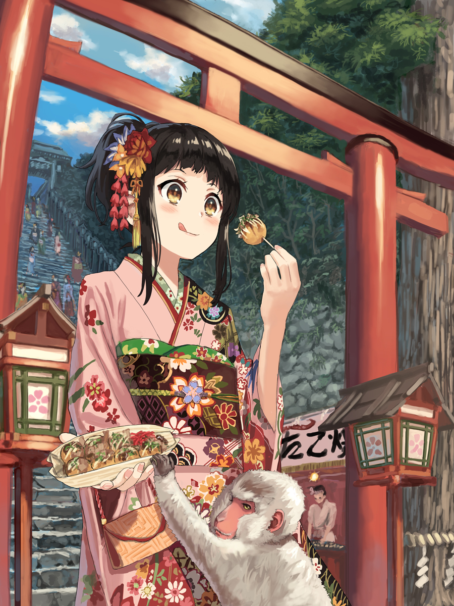1girl agetake highres japanese_clothes kimono monkey nengajou new_year original shrine solo_focus torii