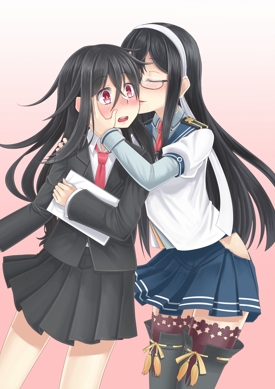 2girls black_hair blush cheek_kiss closed_eyes commentary_request glasses hand_on_another's_face hatsushimo_(kantai_collection) highres kantai_collection kiss long_hair multiple_girls ooyodo_(kantai_collection) open_mouth red_eyes skirt yuri zaki_(2872849)