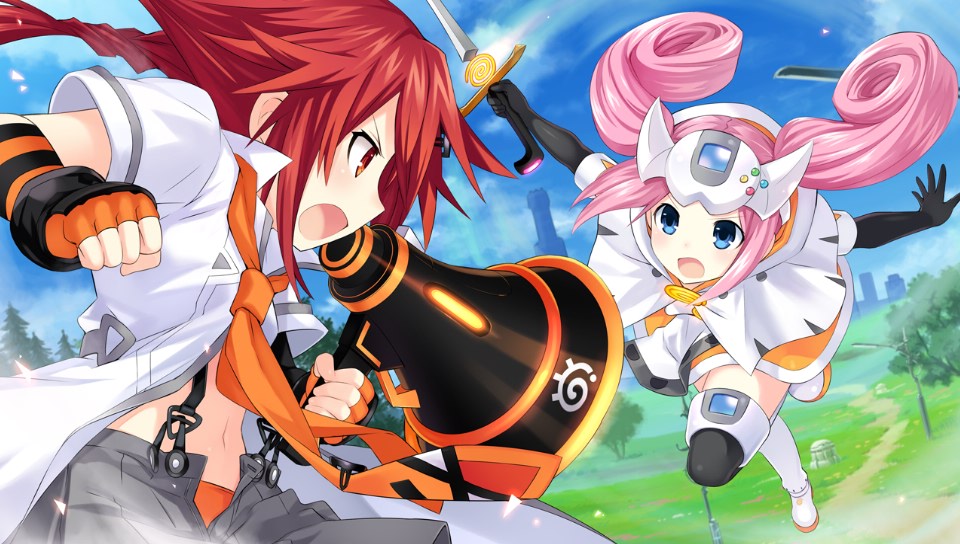 2girls battle boots bow elbow_gloves game_cg game_console gloves hair_ornament long_hair loudspeaker multiple_girls neptune_(series) official_art pink_hair redhead sega_dreamcast sega_dreamcast_(sega_hard_girls) sega_hard_girls sword tennouboushi_uzume_(choujigen_game_neptune) tsunako twintails weapon