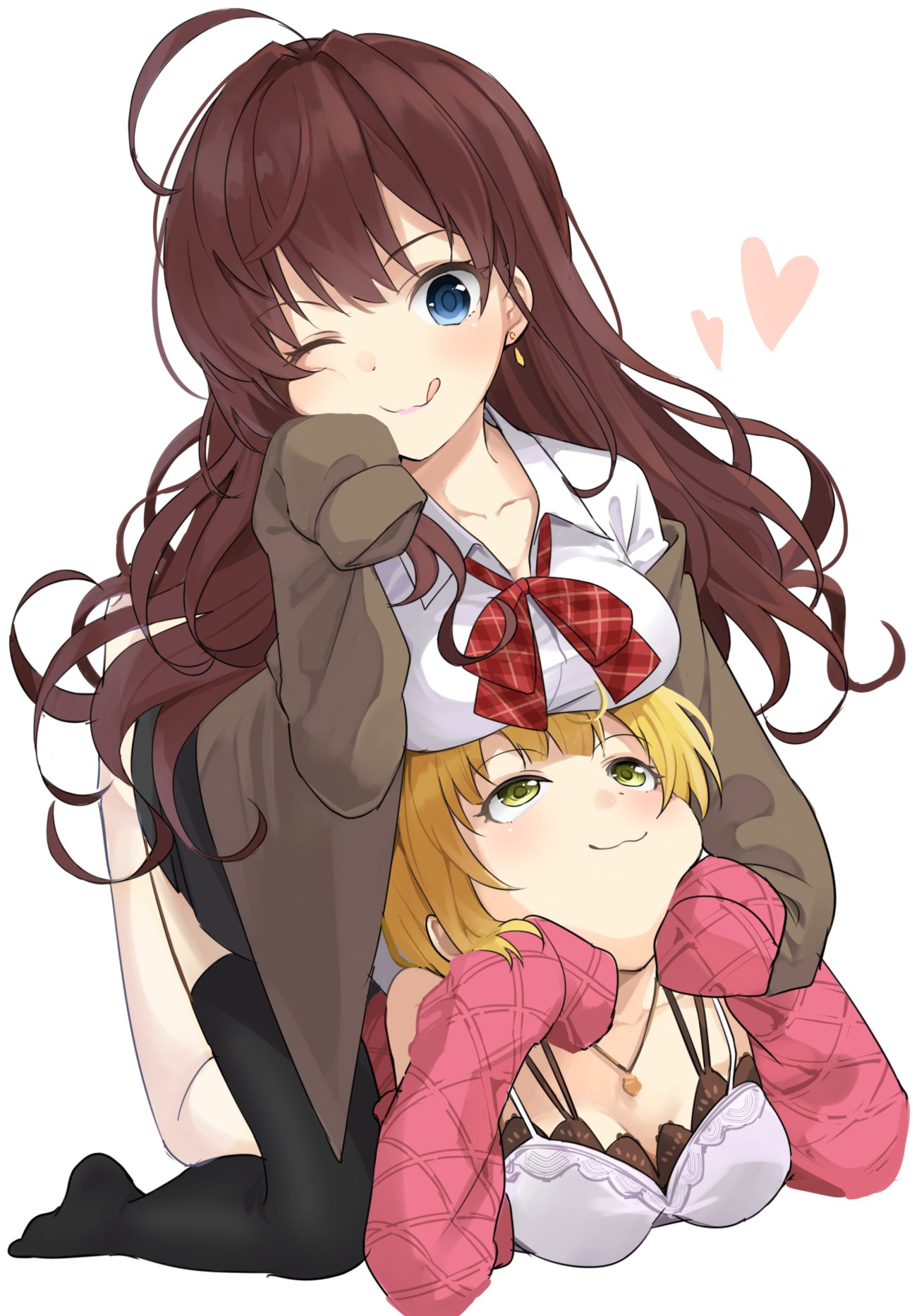2girls :3 ;q blonde_hair blue_eyes breast_rest breasts brown_hair cleavage collarbone earrings green_eyes heart highres ichinose_shiki idolmaster idolmaster_cinderella_girls jewelry long_hair max_melon_teitoku miyamoto_frederica multiple_girls necklace one_eye_closed short_hair sleeves_past_wrists tongue tongue_out