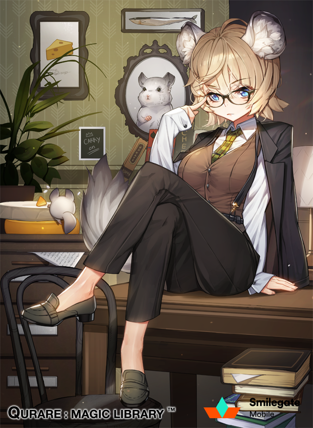 1girl ahoge animal_ears black-framed_glasses blonde_hair blue_eyes book book_stack breasts chair cheese_wheel chinchilla_girl chinchilla_tail crossed_legs desk file_cabinet glasses indoors jacket large_breasts loafers looking_at_viewer mouse mouse_ears mouse_girl mouse_tail necktie pants picture_(object) picture_frame qurare_magic_library rodent_girl shoes short_hair sitting solo tail vest whoisshe
