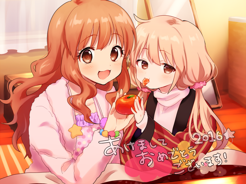 2girls blonde_hair blue21 brown_eyes brown_hair food fruit futaba_anzu hair_ornament idolmaster idolmaster_cinderella_girls kotatsu long_hair mandarin_orange moroboshi_kirari multiple_girls new_year open_mouth smile star_hair_ornament table twintails