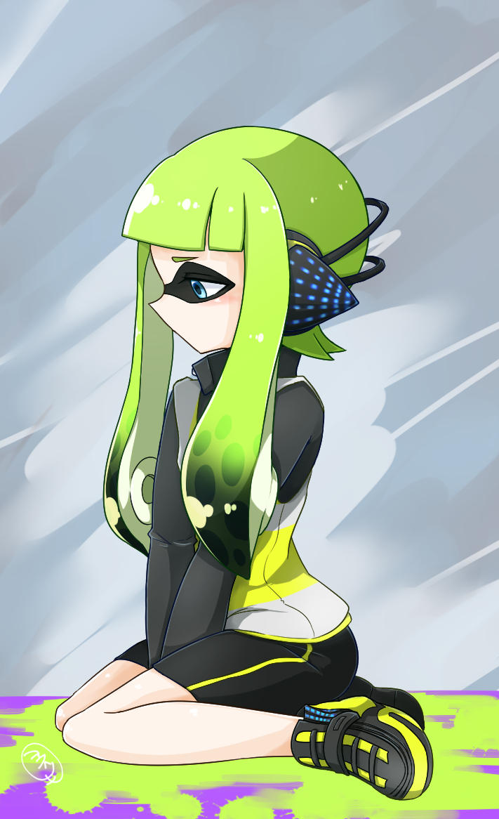 1girl agent_3 bike_shorts blue_eyes domino_mask from_side green_hair headgear inkling long_hair mask paint_splatter pointy_ears shoes signature sitting solo splatoon tentacle_hair turtleneck v_arms vest wariza yonerinoko_(banberabu)