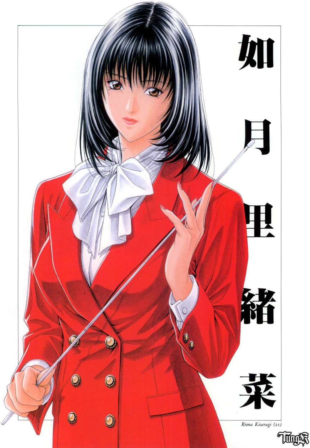 1girl bangs black_hair bow breasts brown_eyes fingernails formal g-taste highres kisaragi_riona large_breasts light_smile looking_at_viewer nail_polish office_lady red_suit short_hair simple_background solo suit yagami_hiroki