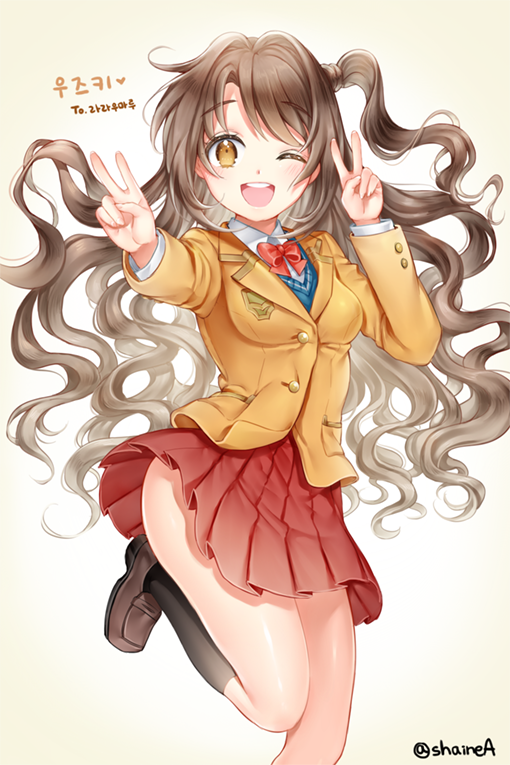 1girl brown_eyes brown_hair idolmaster idolmaster_cinderella_girls long_hair looking_at_viewer one_side_up open_mouth school_uniform shainea shimamura_uzuki smile solo v