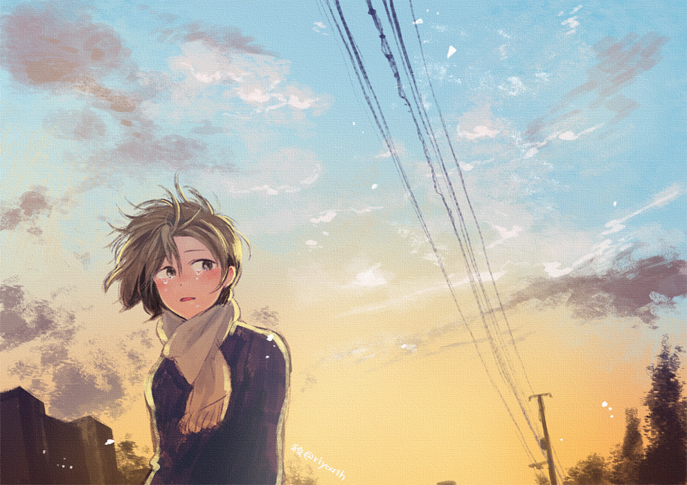 1girl artist_name blush clouds original parted_lips ryouga_(fm59) scarf short_hair sky solo sunset tears telegraph_lines tree wind