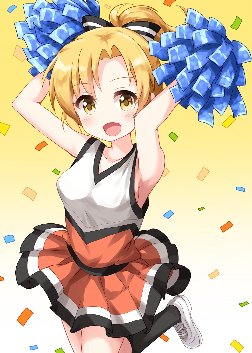 1girl anima_yell! arm_up bangs black_bow black_legwear blonde_hair bow breasts cheering cheerleader confetti eyebrows_visible_through_hair gradient gradient_background hair_bow highres holding holding_pom_poms leg_up looking_at_viewer medium_breasts multicolored_bow open_mouth pom_poms ponytail ruu_(tksymkw) sawatari_uki shoes short_hair sleeveless smile sneakers solo white_bow white_footwear yellow_background yellow_eyes