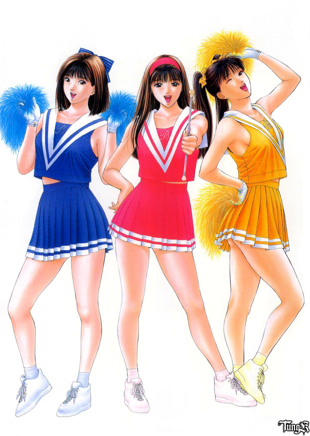 3girls armpits bangs bow brown_hair character_request cheerleader collarbone g-taste hairband highres lipstick long_hair looking_at_viewer makeup miniskirt multiple_girls one_eye_closed open_mouth purple_lipstick short_hair simple_background skirt smile socks twintails yagami_hiroki