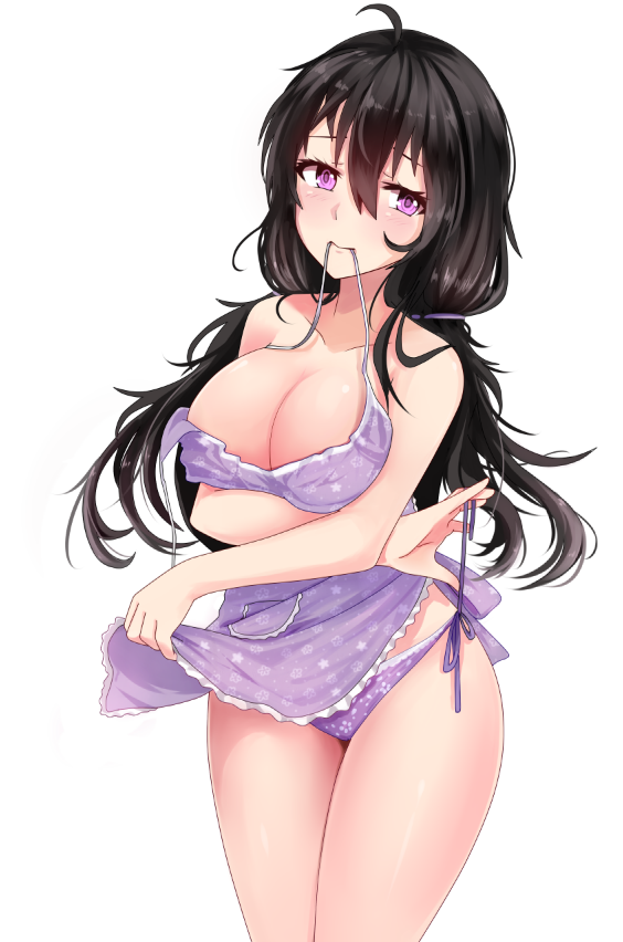 1girl apron beifeng_han black_hair breast_hold breasts cleavage collarbone colored_eyelashes embarrassed large_breasts looking_at_viewer miyaura_sanshio mouth_hold naked_apron nearly_naked_apron original panties purple_panties revision sideboob solo thighs twintails underwear violet_eyes wavy_hair