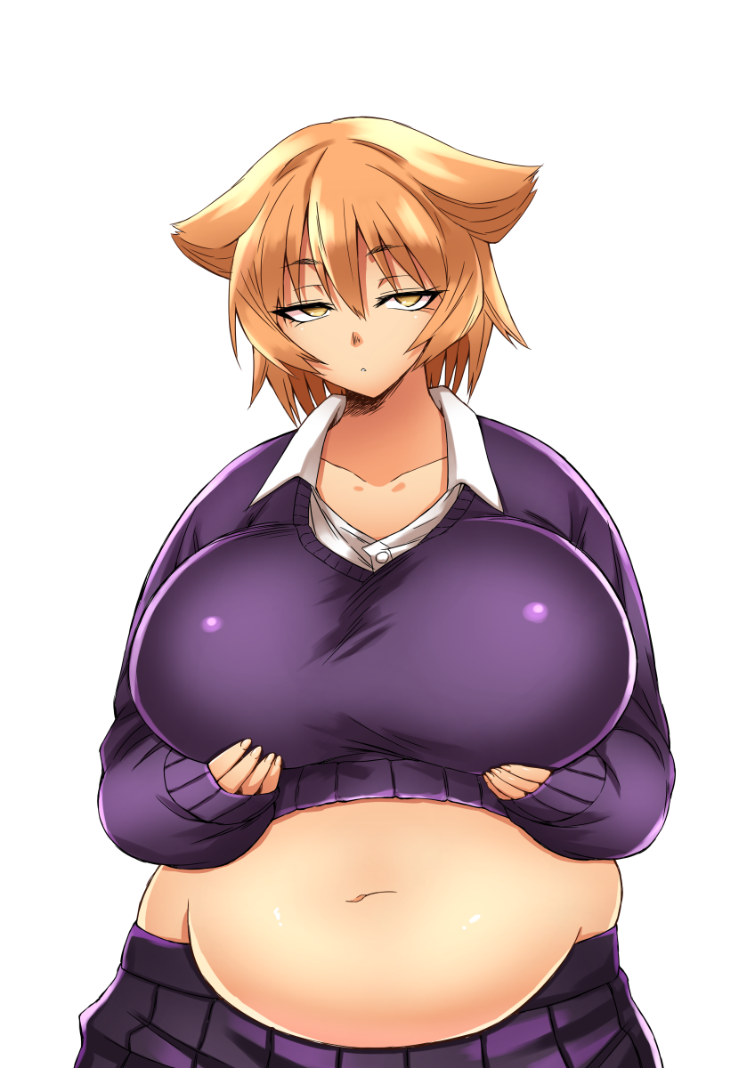 1girl belly bnc_(bunshi) breasts expressionless fat highres huge_breasts looking_at_viewer navel original plump shirt_lift solo sweater
