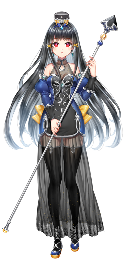 1girl black_hair detached_sleeves long_hair polearm red_eyes see-through shainea simple_background solo spear thigh-highs weapon