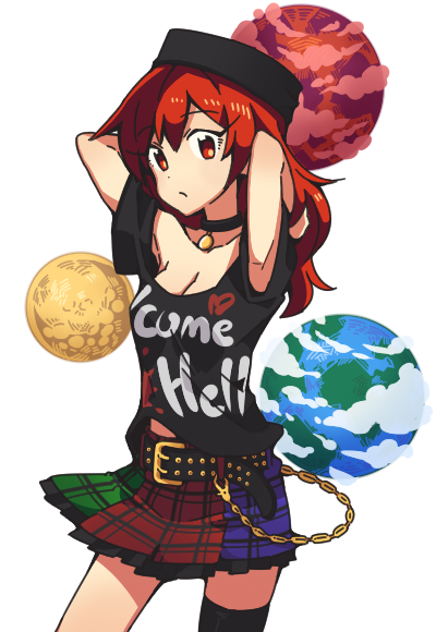 1girl arms_behind_head belt breasts chain choker cleavage clothes_writing clouds commentary_request earth_(ornament) english hecatia_lapislazuli moon_(ornament) open_mouth ori_(yellow_duckling) red_eyes redhead skirt solo touhou