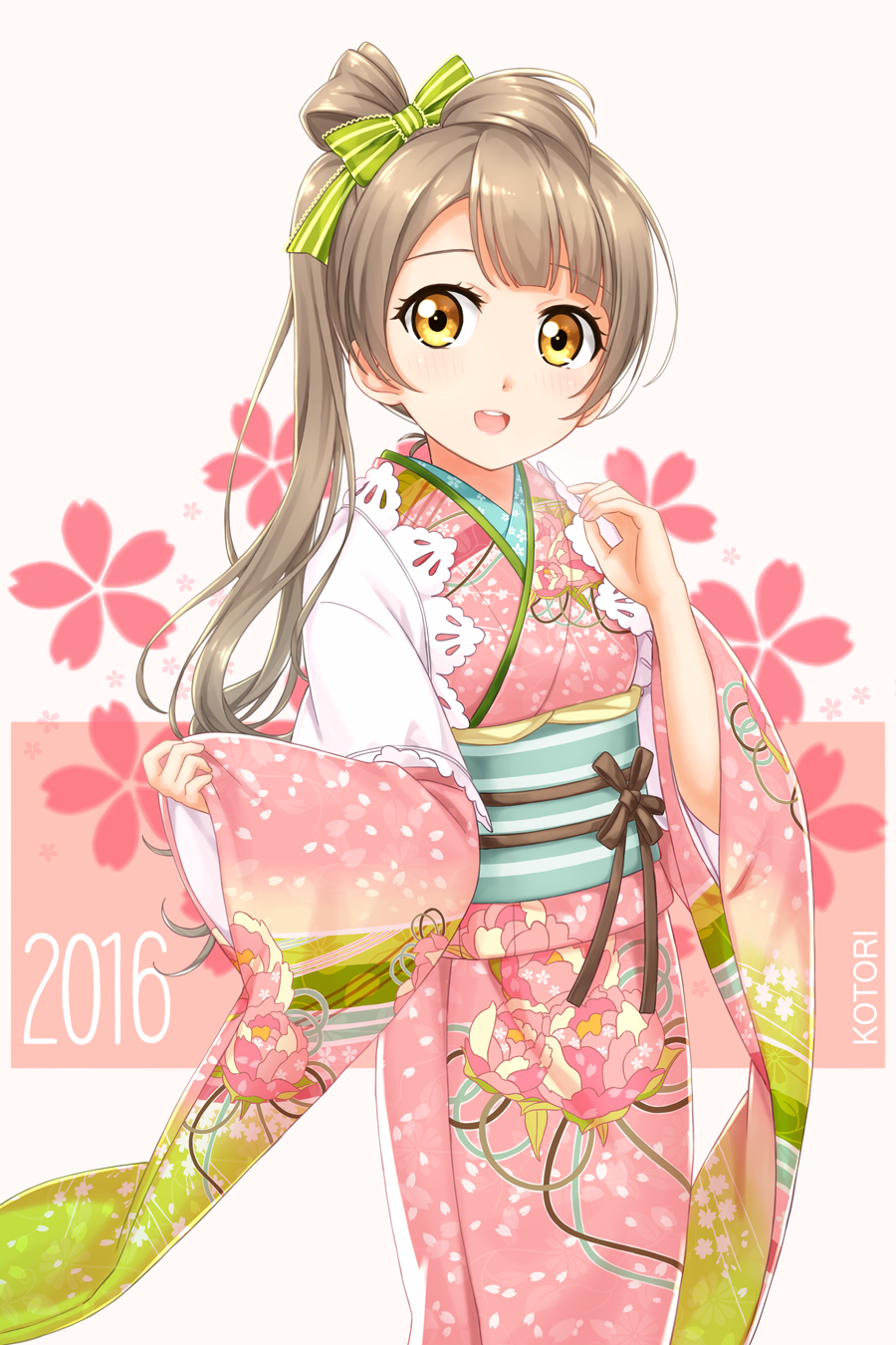 1girl 2016 brown_eyes brown_hair floral_print highres japanese_clothes kimono long_hair long_sleeves love_live!_school_idol_project minami_kotori obi open_mouth sash side_ponytail smile solo tucana very_long_hair wide_sleeves