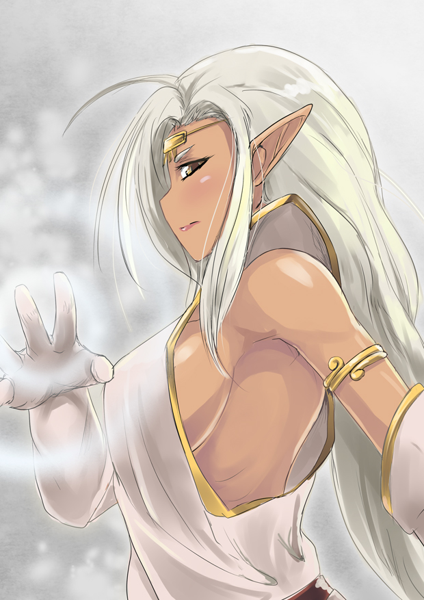 1girl breasts circlet dark_elf dark_skin elbow_gloves elf gloves looking_at_viewer pirotess platinum_blonde pointy_ears record_of_lodoss_war side_glance sideboob sleeveless solo upper_body white_gloves wo_jianqiang_fu_guo