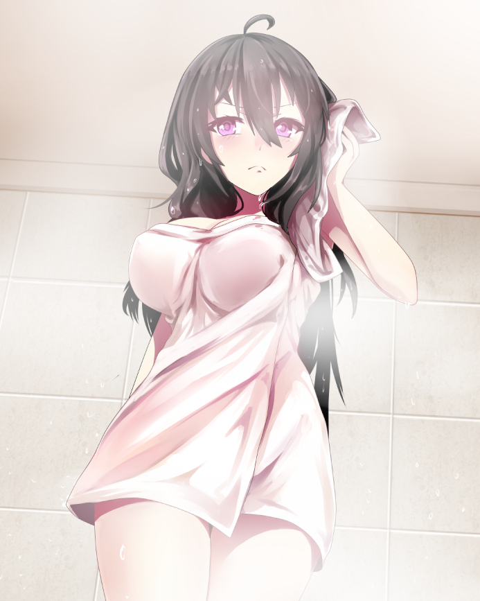 1girl :&lt; ahoge beifeng_han black_hair blush breasts cleavage cowboy_shot large_breasts long_hair looking_at_viewer naked_towel original solo towel violet_eyes wet