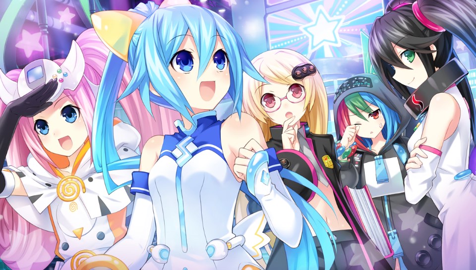 black_hair blonde_hair blue_eyes blue_hair elbow_gloves game_cg glasses gloves green_eyes hair_ornament long_hair multiple_girls neptune_(series) official_art one_eye_closed pink_hair ponytail red_eyes sega_dreamcast_(sega_hard_girls) sega_game_gear_(sega_hard_girls) sega_hard_girls sega_hatsumi sega_mega_drive_(sega_hard_girls) sega_saturn_(sega_hard_girls) tsunako twintails