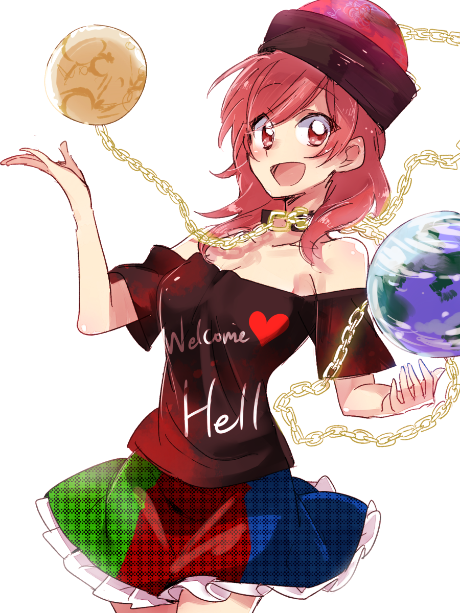 1girl chain clothes_writing collar earth_(ornament) hat hecatia_lapislazuli highres long_hair moon_(ornament) open_mouth red_eyes redhead shirt six_(fnrptal1010) skirt smile solo t-shirt touhou