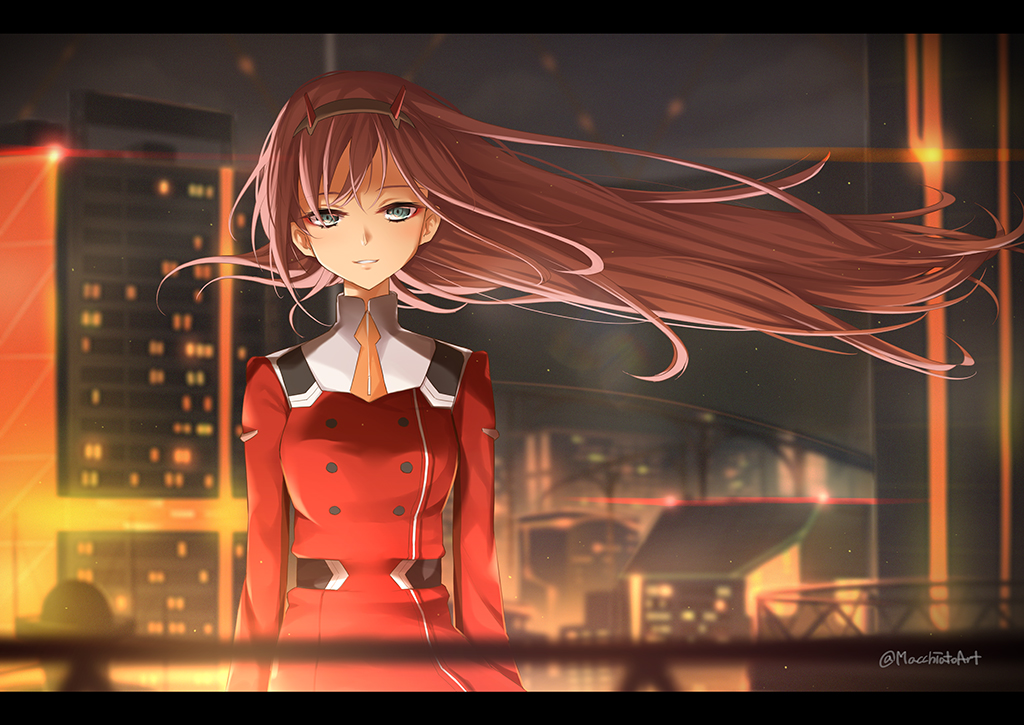 1girl aqua_eyes bangs breasts building city city_lights cityscape coat darling_in_the_franxx double-breasted green_eyes hair_blowing hairband horns long_sleeves macchiato_(jae-min_cho) medium_breasts military military_uniform necktie pink_hair red_coat short_necktie skyline uniform white_hairband wind zero_two_(darling_in_the_franxx)