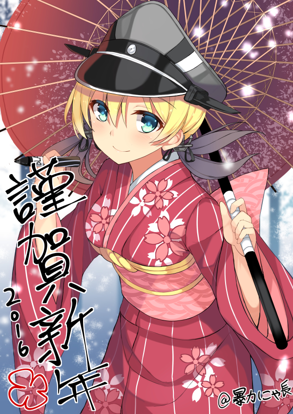 1girl anchor_hair_ornament blonde_hair blue_eyes dreamlight2000 floral_print fourth_wall hair_between_eyes hair_ornament happy_new_year hat japanese_clothes kantai_collection kimono long_hair looking_at_viewer new_year obi oriental_umbrella peaked_cap prinz_eugen_(kantai_collection) sash smile solo translated twintails umbrella