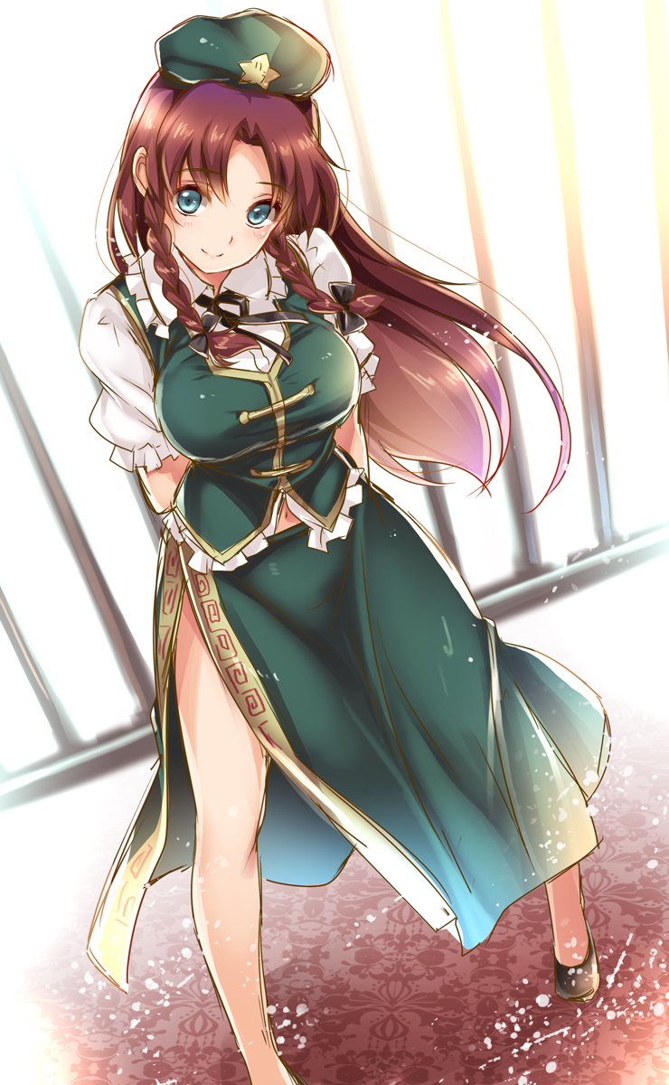 1girl arms_behind_back bow braid breasts chinese_clothes dutch_angle full_body hair_bow hair_ornament hat head_tilt highres hong_meiling jpeg_artifacts large_breasts long_hair looking_at_viewer moneti_(daifuku) navel no_socks puffy_sleeves redhead shirt shoes short_sleeves side_slit skirt skirt_set smile solo star touhou twin_braids vest