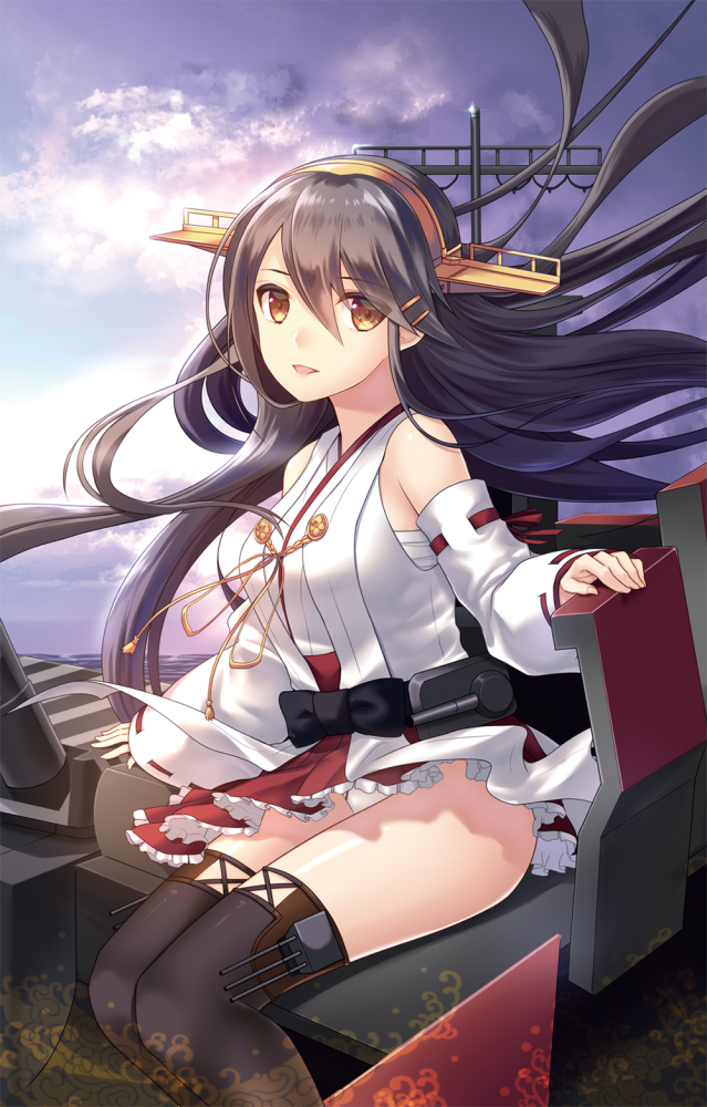 1girl :d bandages bangs black_bow black_hair bow brown_eyes cannon clouds detached_sleeves eko floating_hair frills hair_ornament hairband hairclip haruna_(kantai_collection) headgear japanese_clothes kantai_collection long_hair looking_at_viewer nontraditional_miko ocean open_mouth outdoors panties pantyshot pantyshot_(sitting) pleated_skirt red_ribbon red_skirt ribbon ribbon-trimmed_sleeves ribbon_trim rope sarashi sitting skirt sky smile solo string swept_bangs tassel thigh-highs thigh_strap turret underwear white_panties yellow_eyes