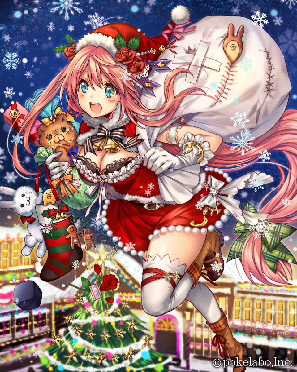 1girl blush breasts christmas_tree eikou_no_guardian_battle gloves hat highres long_hair madogawa open_mouth santa_hat smile snowflakes solo thigh-highs very_long_hair white_gloves white_legwear