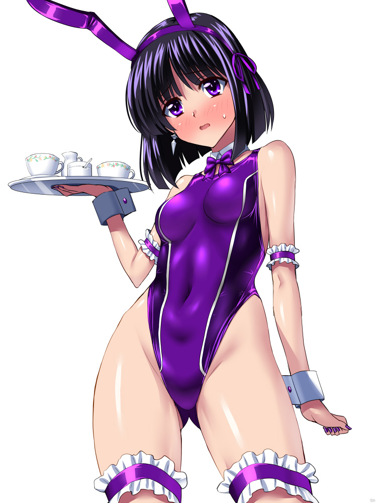 1girl animal_ears arm_at_side arm_garter ass_visible_through_thighs bangs bishoujo_senshi_sailor_moon black_hair blush bow bunnysuit competition_swimsuit covered_navel cowboy_shot cup fake_animal_ears full-face_blush garters hair_ribbon holding_tray looking_at_viewer nail_polish one-piece_swimsuit purple_bow purple_bowtie purple_hair purple_nails purple_ribbon purple_swimsuit rabbit_ears ribbon sen_(sansui) short_hair simple_background solo sweatdrop swimsuit teacup tomoe_hotaru tray violet_eyes white_background wrist_cuffs