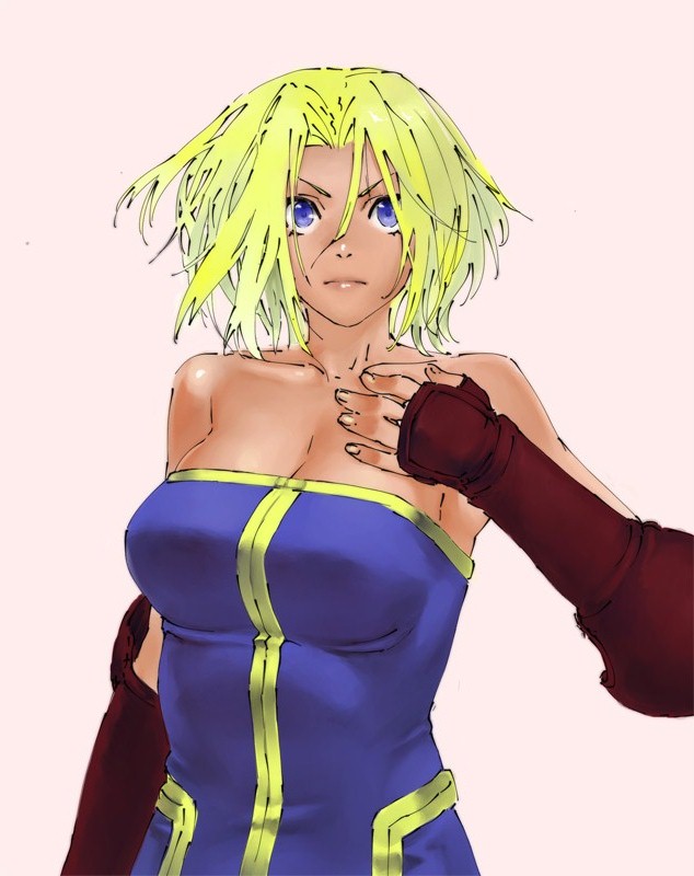 1girl bare_shoulders blonde_hair blue_eyes brass_knuckles breasts final_fantasy final_fantasy_tactics gloves large_breasts monk_(fft) muhamado short_hair solo unitard weapon