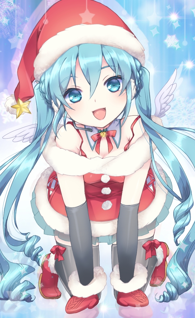 1girl all_fours aqua_eyes aqua_hair collar elbow_gloves gloves hat hatsune_miku head_tilt headset long_hair looking_at_viewer mittens open_mouth ro_(igris-geo) santa_costume santa_hat skirt solo thigh-highs twintails very_long_hair vocaloid wings