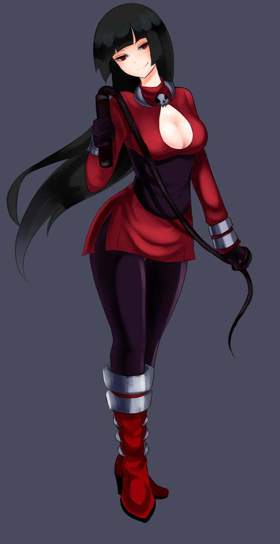 1girl black_gloves black_hair black_legwear boots cleavage_cutout full_body gloves grey_background highvoltage natsume_(pokemon) pantyhose pokemon red_boots red_eyes red_shirt shirt simple_background smirk solo standing whip