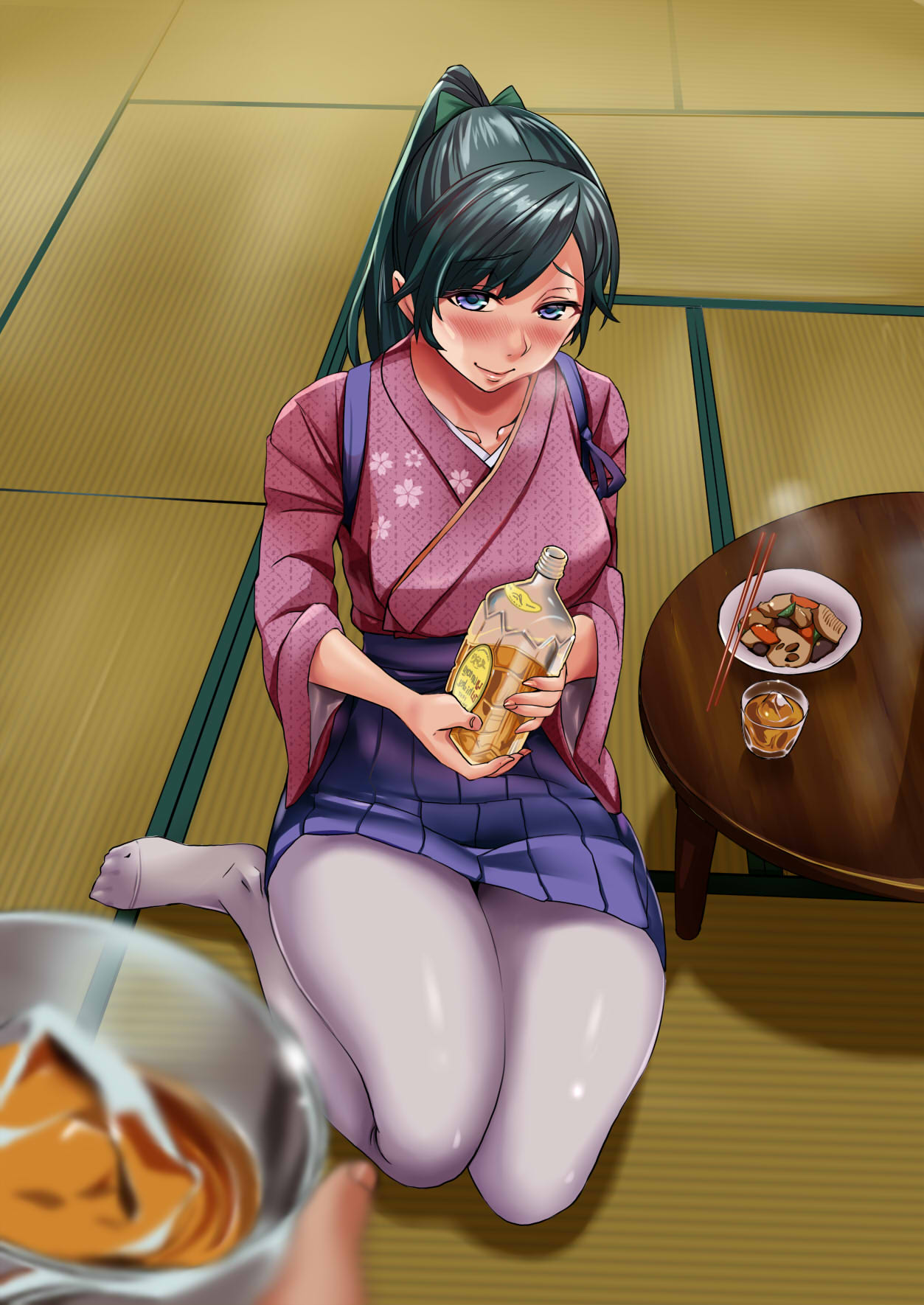 1girl bangs beans blue_eyes blurry blush bow bowl carrot chopsticks closed_mouth comic cup drinking_glass fingers floral_print food from_above ginjuuji green_bow green_hair hair_bow hakama_skirt highres holding_bottle holding_drinking_glass houshou_(kantai_collection) ice_cube indoors japanese_clothes kantai_collection kimono long_hair looking_at_viewer mushroom no_shoes on_floor out_of_frame pantyhose parted_bangs pleated_skirt ponytail shade sitting skirt smile solo_focus steam stew tasuki tatami transparent white_legwear wine_bottle wooden_table