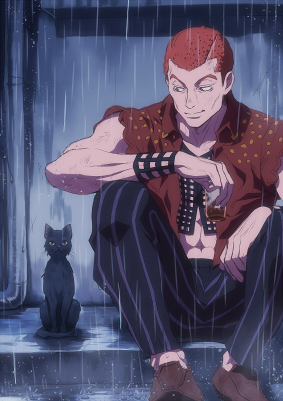 1boy abs black_cat cat chocolate_sable cup formaggio holding_cup jacket jojo_no_kimyou_na_bouken male_focus pants rain red_eyes redhead shoes striped striped_pants