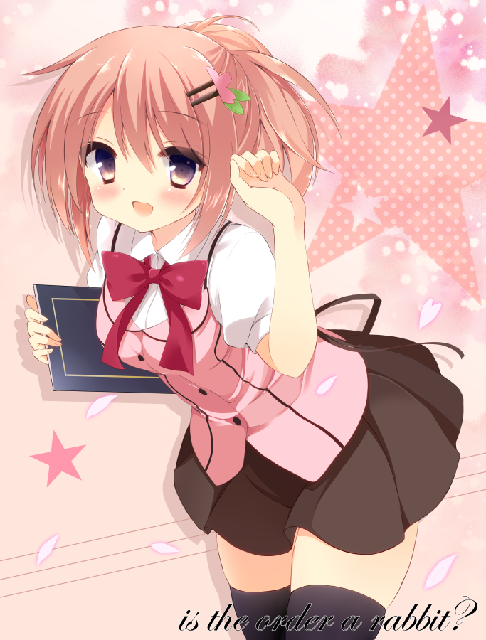 1girl alternate_hairstyle black_legwear blush breasts brown_hair brown_skirt buttons copyright_name dan_ball english gochuumon_wa_usagi_desu_ka? hair_ornament hairclip hot_chocolate hoto_cocoa leaning_forward looking_at_viewer menu neck_ribbon open_mouth red_ribbon ribbon short_hair short_sleeves skirt smile solo star thigh-highs violet_eyes zettai_ryouiki