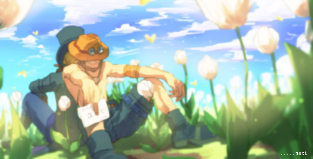 2boys a-tsuki armband back-to-back black_jacket black_legwear black_shoes blurry butterfly clouds cowboy_hat flower from_below goggles goggles_on_hat hat jacket jewelry long_sleeves multiple_boys necklace on_ground one_piece outdoors pants plant portgas_d_ace sabo_(one_piece) shirtless shoes shorts sitting sky socks sunlight top_hat