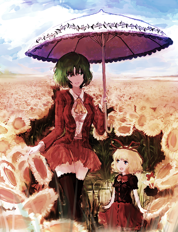 2girls adapted_costume black_legwear blonde_hair blue_eyes blue_sky clouds dyolf fairy_wings field flower flower_field garden_of_the_sun green_hair hair_ornament hair_ribbon kazami_yuuka long_sleeves looking_at_another looking_down looking_up medicine_melancholy multiple_girls open_mouth parasol plaid plaid_skirt plaid_vest puffy_sleeves red_eyes revision ribbon shirt short_hair short_sleeves skirt skirt_hold skirt_set sky smile su-san sunflower thigh-highs touhou umbrella vest wings zettai_ryouiki