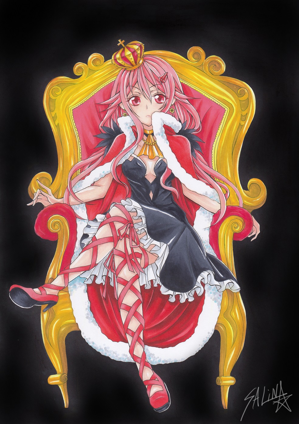 1girl breasts cleavage crossed_legs crown guilty_crown hair_ornament hairclip highres jewelry long_hair marker_(medium) pink_hair queen red_eyes sarina_(tosiyukiryousuke) sitting solo throne traditional_media twintails yuzuriha_inori