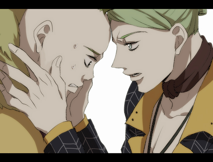 2boys bald choker forehead-to-forehead green_eyes green_hair hands_on_another's_face jewelry jojo_no_kimyou_na_bouken letterboxed male_focus multiple_boys necklace pesci prosciutto rena_(renasight) sweat