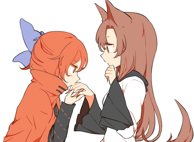 2girls animal_ears black_shirt brown_hair cape dress from_side hair_between_eyes hair_ribbon hand_kiss hand_to_own_mouth height_difference imaizumi_kagerou jitome kiss long_hair looking_at_another misha_(hoongju) multiple_girls red_eyes redhead ribbon sekibanki shirt short_hair tail touhou white_dress wide_sleeves wolf_ears wolf_tail