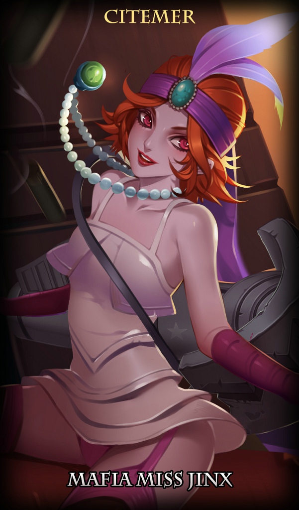 1girl airplane alternate_color alternate_costume alternate_hair_length alternate_hairstyle artist_name blush brooch character_name citemer collarbone dress feathers flipped_hair garter_straps gloves headband jewelry jinx_(league_of_legends) layered_dress league_of_legends necklace orange_hair panties pantyshot pantyshot_(sitting) parted_lips pearl_necklace pink_eyes pink_gloves pink_panties red_lips short_dress short_hair sitting sleeveless sleeveless_dress solo star underwear white_dress