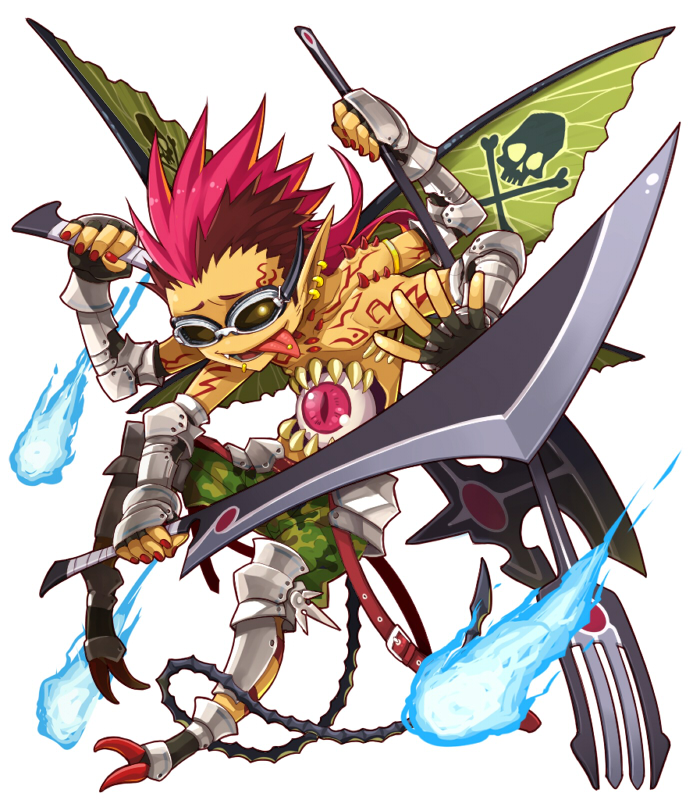 1boy axe beelzebub_(mygrimoire) brown_hair earrings extra_arms fingerless_gloves gloves insect_wings jewelry kyousaku monster_boy multicolored_hair mygrimoire nail_polish open_mouth original pink_hair polearm shirtless simple_background solo sunglasses sword tattoo tongue trident two-tone_hair weapon white_background wings