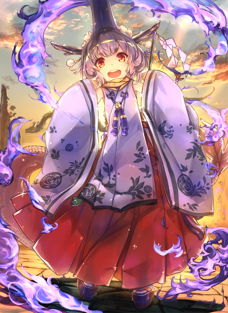 1girl blush clouds cloudy_sky detached_sleeves dragon eastern_dragon hat horns japanese_clothes looking_at_viewer miko open_mouth original red_eyes shoes short_hair silver_hair sky solo tabi tail tate_eboshi virus_(obsession) wide_sleeves