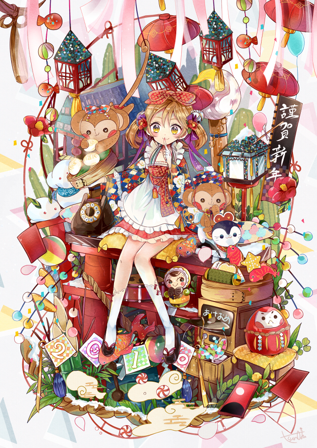 1girl 2016 apron bow brown_hair clutter cushion daruma_doll dress finger_to_mouth fingerless_gloves flower food gloves hair_bow hair_flower hair_ornament lantern mochi nengajou new_year omamori original rotary_phone sandals sash sitting smile snow_bunny solo stuffed_monkey tsunoju twintails wagashi white_legwear yellow_eyes